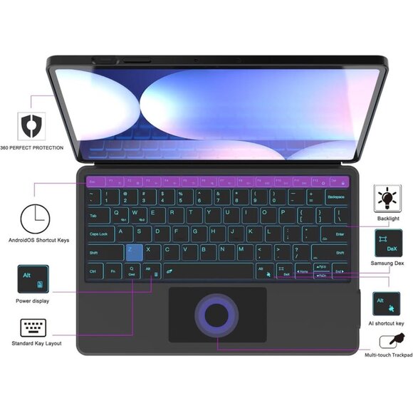 AI Keyboard Case for Samsung Galaxy Tab S9+/S9 FE+ 12.4-inch with DEX & Backlit - Picture 4 of 8